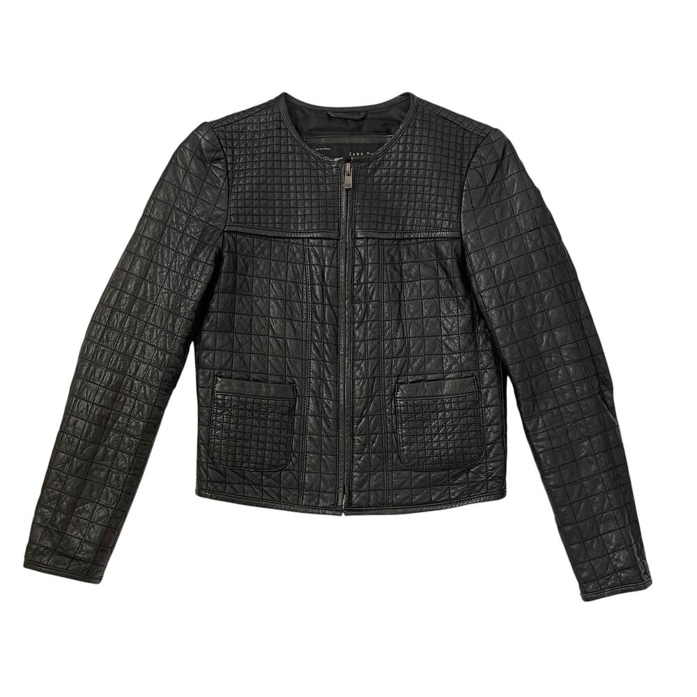 Zara Quilted 100% Lamb Leather Jacket - Black - Biker - Moto - Size Small
